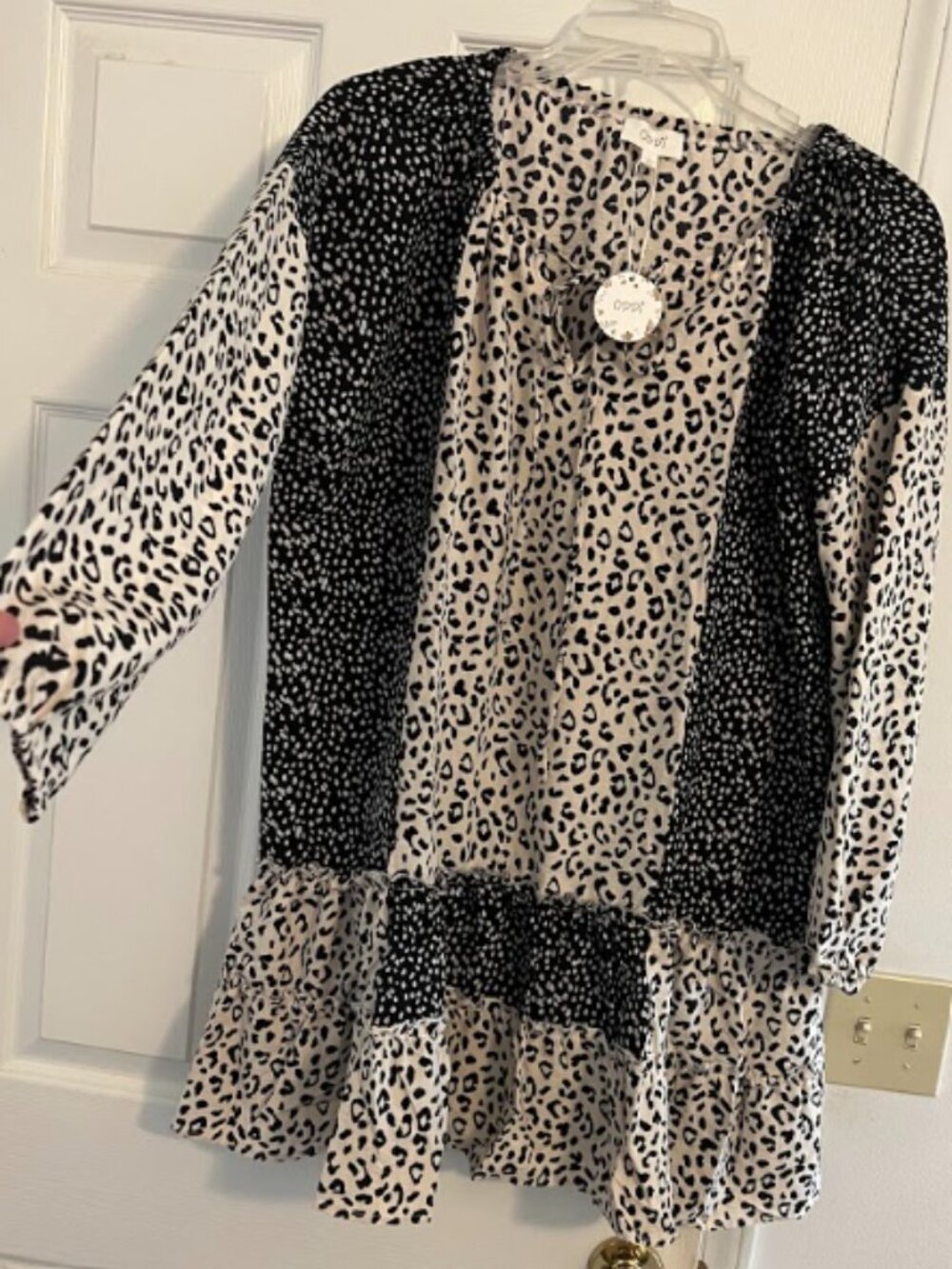 ODDY NWT size L tiered Animal Print Dress tie front Long Sleeves BOHO A line
